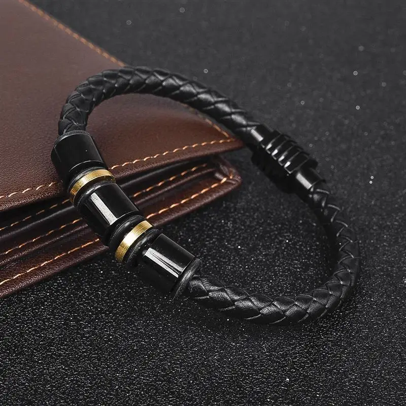 

YAKAMOZ New Fashion Genuine Leather Black Men Bracelet Stainless Steel Beads Bangles for Male Jewelry Accessories Christmas Gift