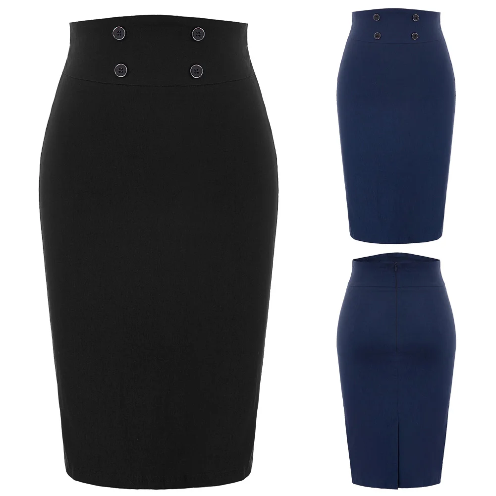 Черные/темно-синие юбки, женские винтажные кнопки в стиле ретро, украшенные коленом сзади, с разрезом на бедрах, облегающая юбка-карандаш, деловая одежда