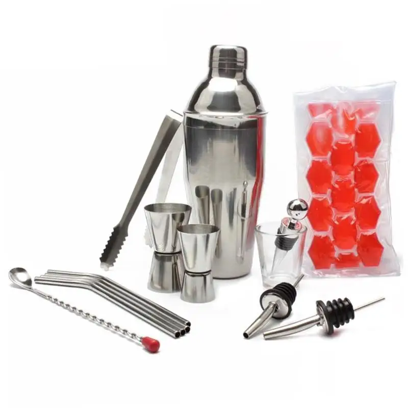 

14pcs/set Stainless Steel Wine Mixer Liquor Red Wine Cocktail Shaker Ice Clip Stopper Straws Martini Shaker for Bartender Drink