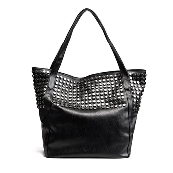 

ABDB-Big Bag For Women Summer Shopper Bag Tote Rivet Large Capacity Soft Leather Casual Black Handbag Ladies Sling Bag