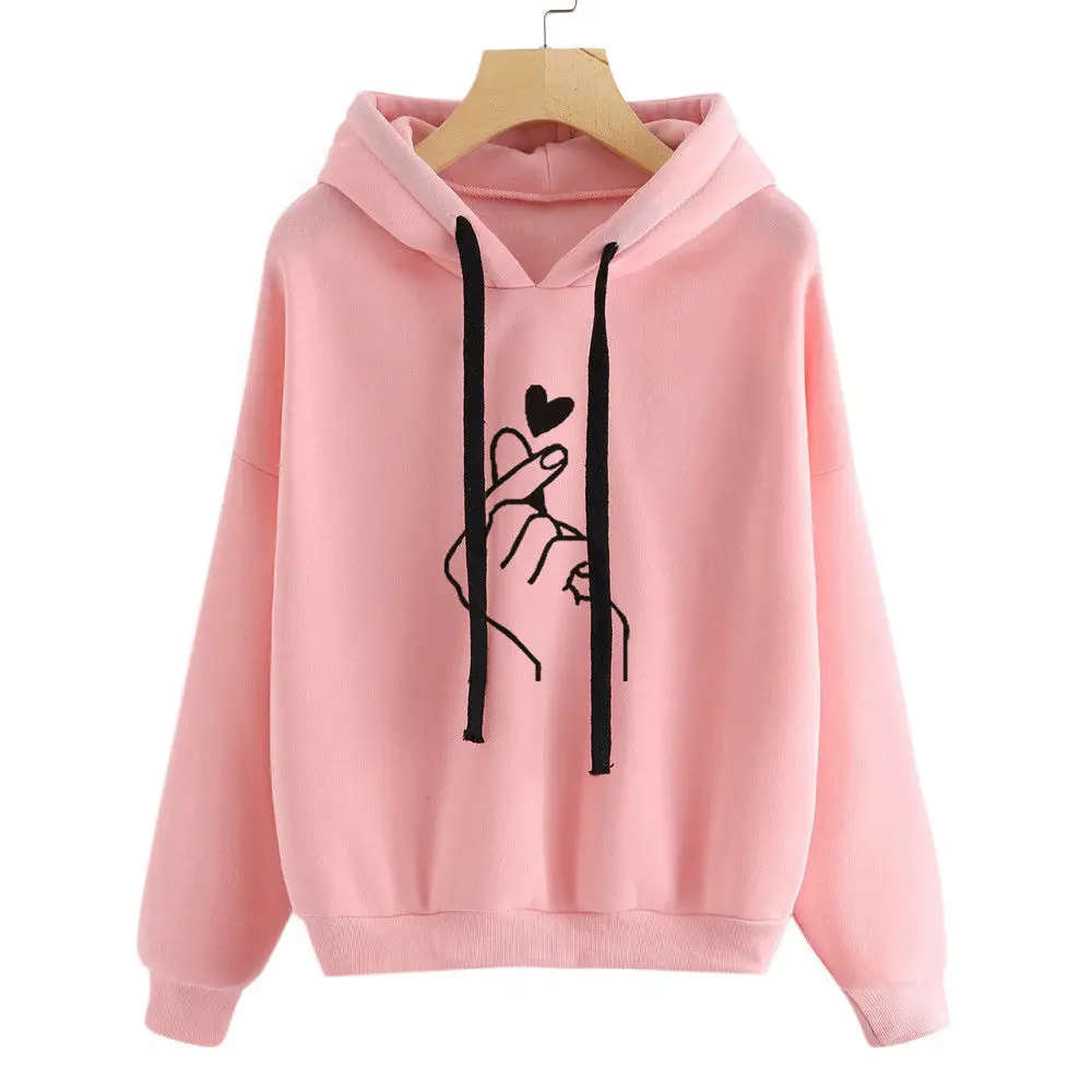 Harajuku Pink Hoodies Women Show Love Heart Printed Hooded Sweatshirts