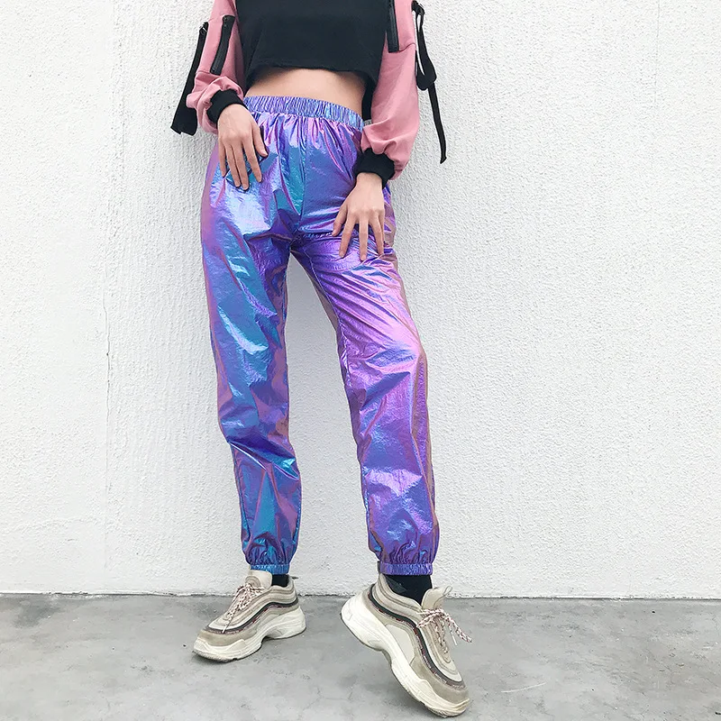 

Lychee Girls Harajuku 2019 Shiny Laser Pants Women Pants Trousers Elastic Waist Sporting Female Jogger Pants Trousers