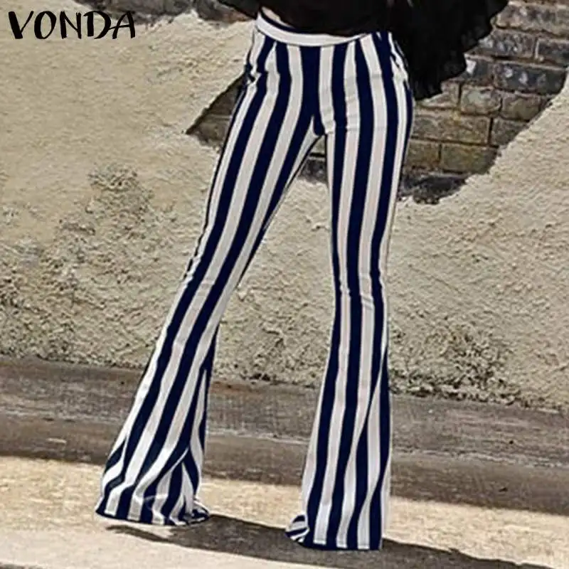 

VONDA 2019 Summer Spring Pants Women Striped Vintage Pantalones Mujer Femme Long Flare Trousers Casual Streetwear Wide leg pants