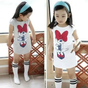 

Newest Fashion Cute Kids Baby Girls Minnie Mouse Party Dress Causal Cotton White and Gray Vest Toddler Clothes 3-8Year