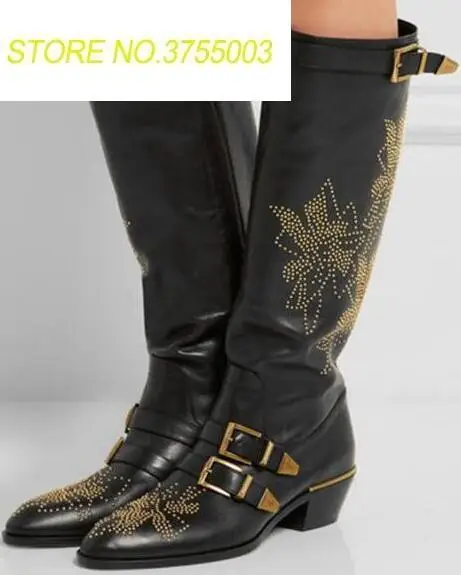 

Women Point Toe Knee High Boots Gold Stud Flowers Black Leather Boots Ankle Buckles Western Style Ladies Knight Boot Spring Boot