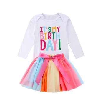 

Baby Girls Kids Clothes Sets Toddler Fashion Letter Long Sleeve T-shirt+Rainbow Skirts 2pcs Outfits Girls Birthday Party Clothes