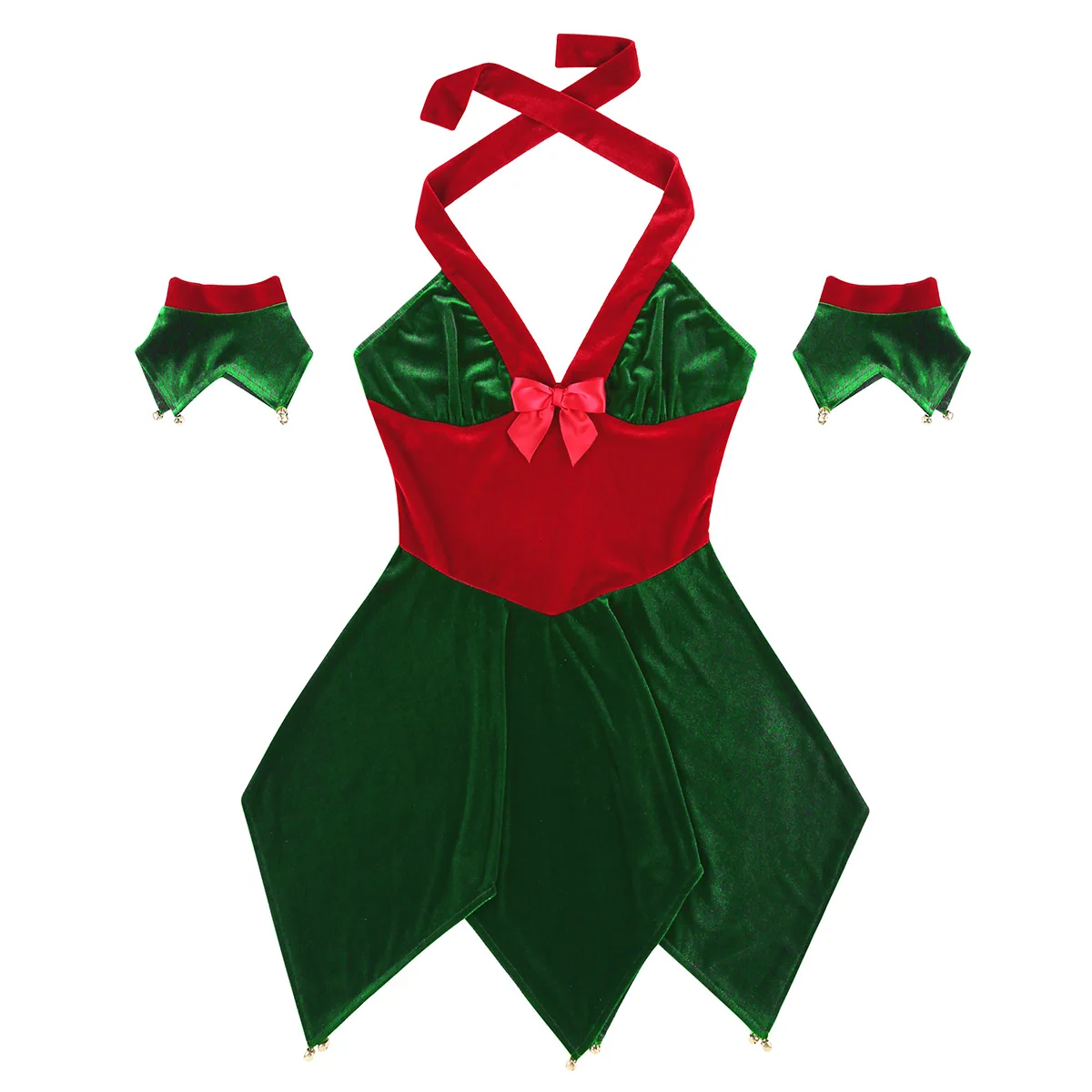 Günstig TiaoBug Frauen Weichen Samt Halter Weihnachten Elf Kostüm Phantasie Kleid Arm Manschetten Set Weibliche Weihnachten Kostüm Cosplay Party Kleid Bis