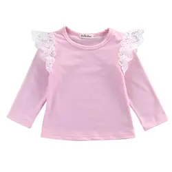 Детская одежда для маленьких девочек, хлопковая футболка с длинными рукавами и оборками, блузка, кружевной топ, футболка, одежда