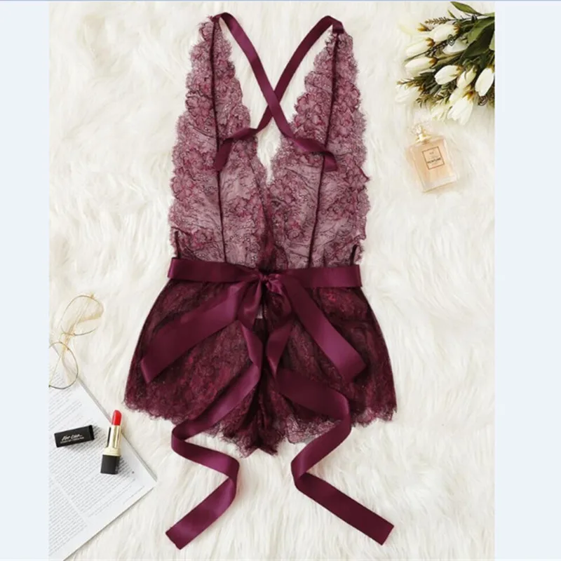 

Women Sexy Wine red Lace Floral Lingerie Nightwear Babydoll One Piece Underwear Deep V Neck Dress Sleepwear