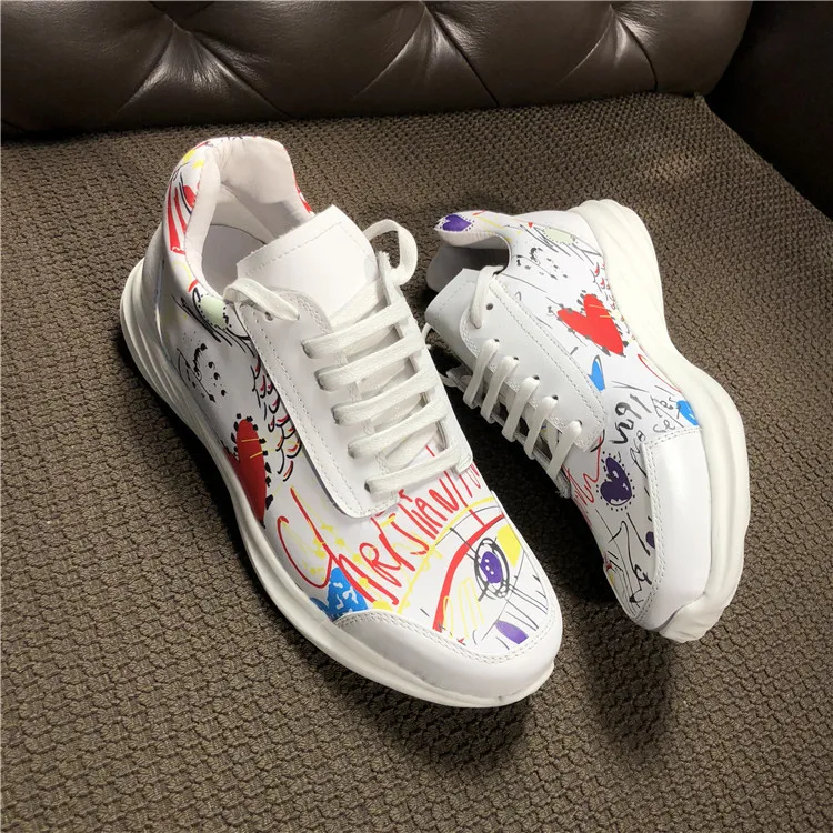 

Hot Brand Design Loafers Leather Pink White Black Graffiti Bling Embellished Lace-Up Fashion Street Woman Sneakers Real Pic