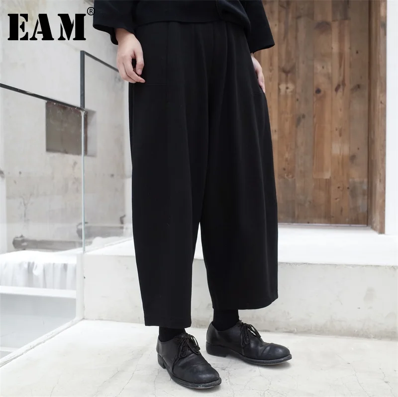 

[EAM] 2019 New Autumn Winter High Elastic Waist Black Loose Thick Long Wide Leg Pants Women Trousers Fashion Tide JL728