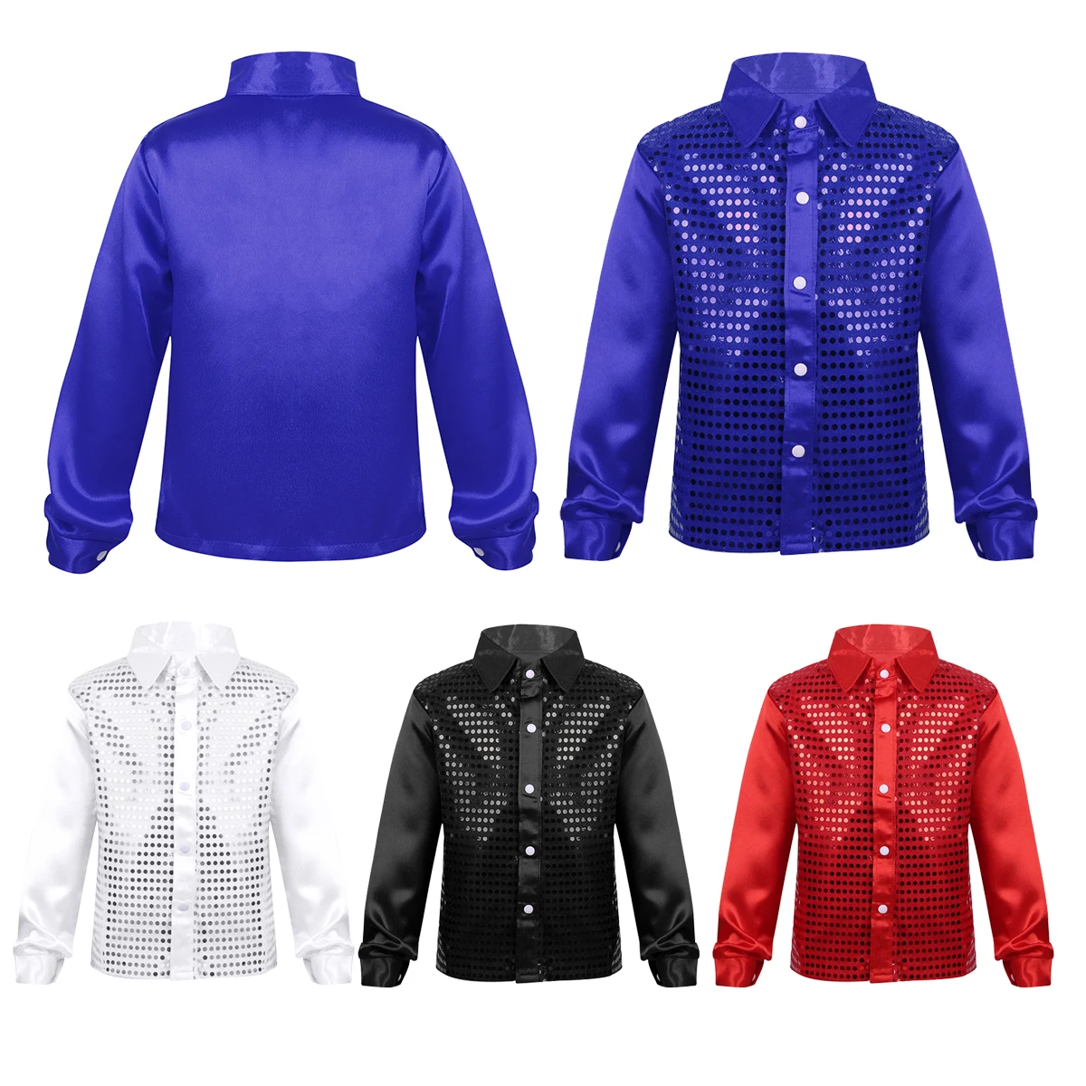 Children Kids Boys Glittery Sequined Long Sleeve Spread Collar Shirt for Choir Jazz Dance Stage Performance Boy Dancing Costumes