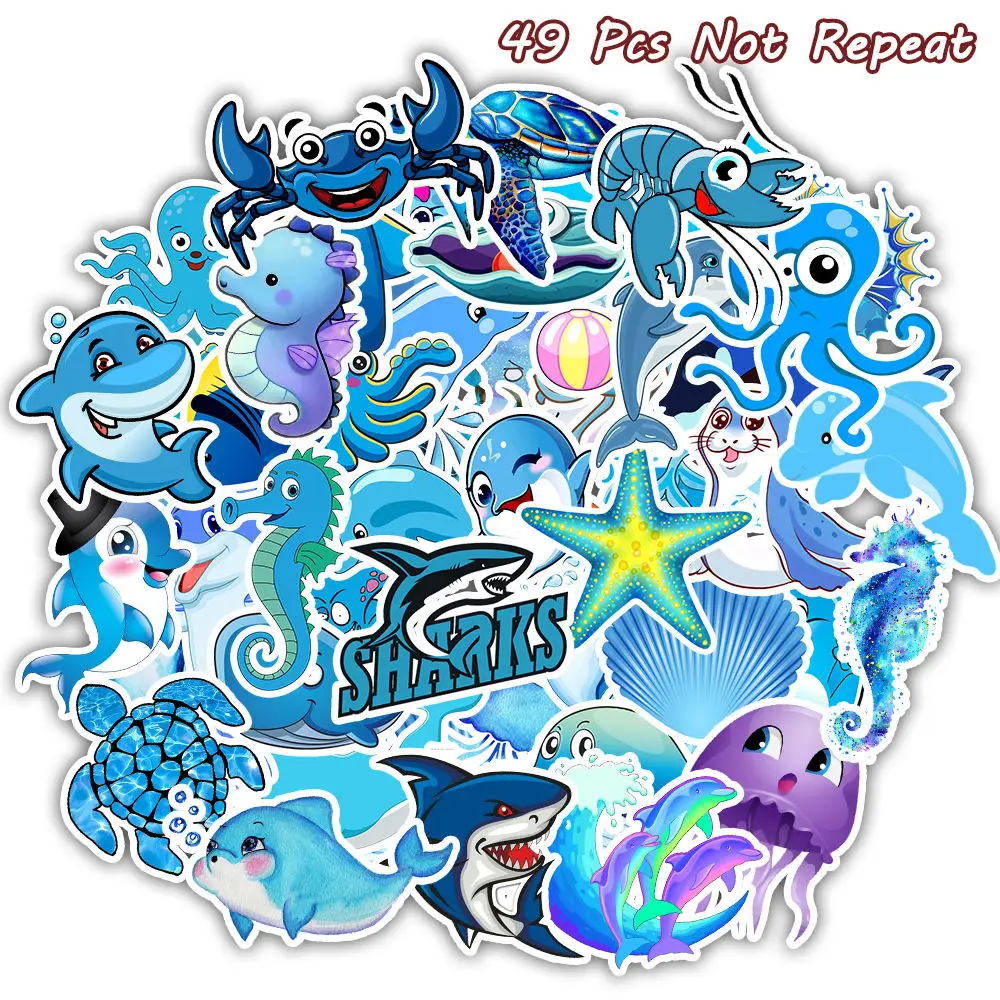 

49 PCS Blue Ocean World Cute Stickers For Laptop Luggage Scrapbooking Decals Diary Paper Travel Kwaii Blue Toy Stickers For Kids