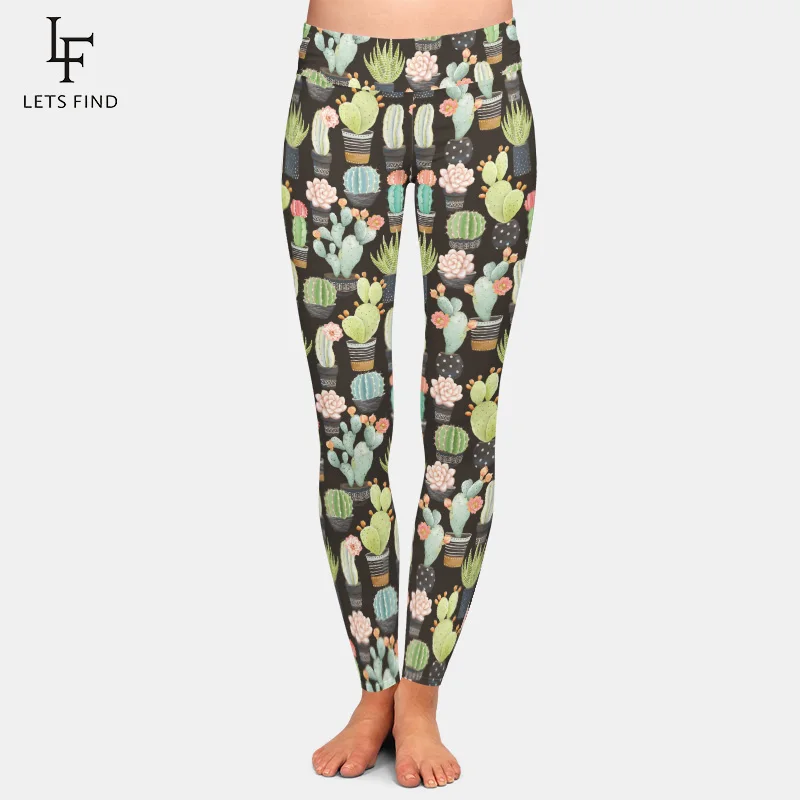 

High Elasticity Women Leggings 3D Cactus Printed Milk Silk High Waist Plus Size Casual Black Leggings Free Shipping