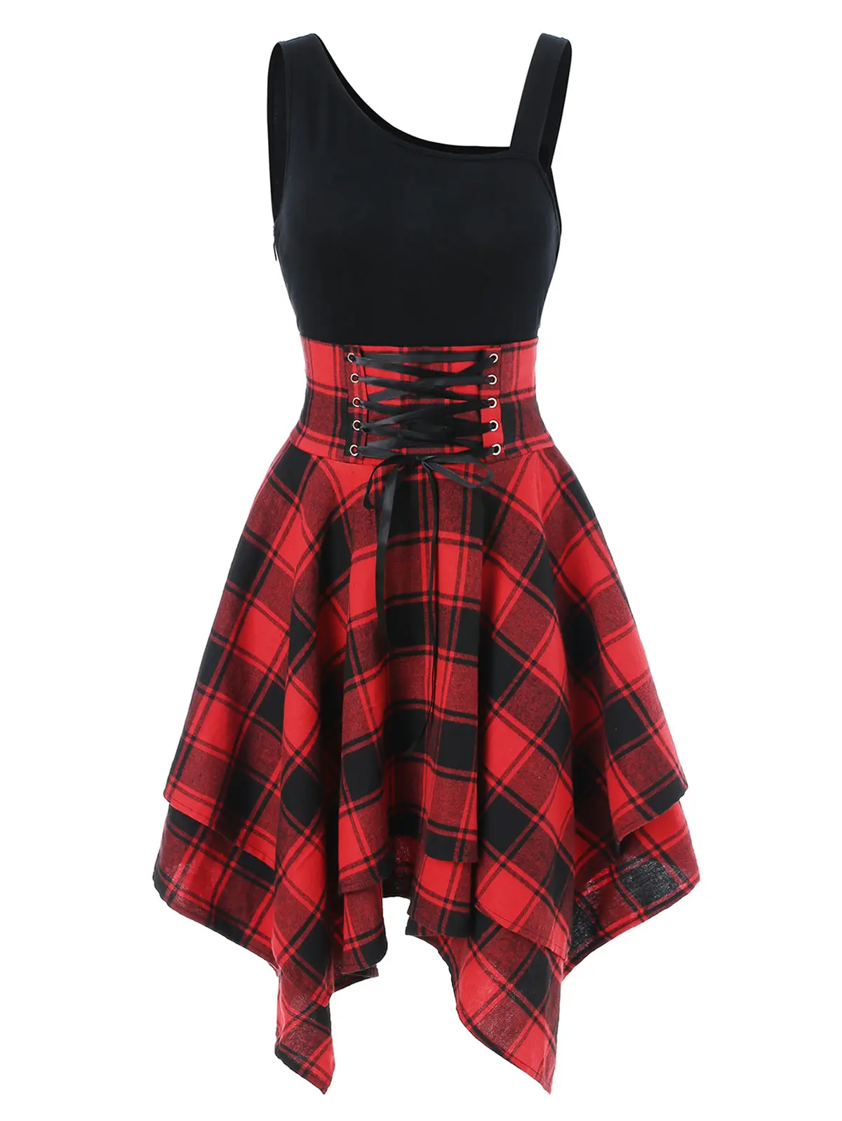 

Wipalo Asymmetrical Plaid Panel Lace Up Dress Women High Waist Dress Casual Sleeveless Summer Knee-Length Dress Vestidos Femme