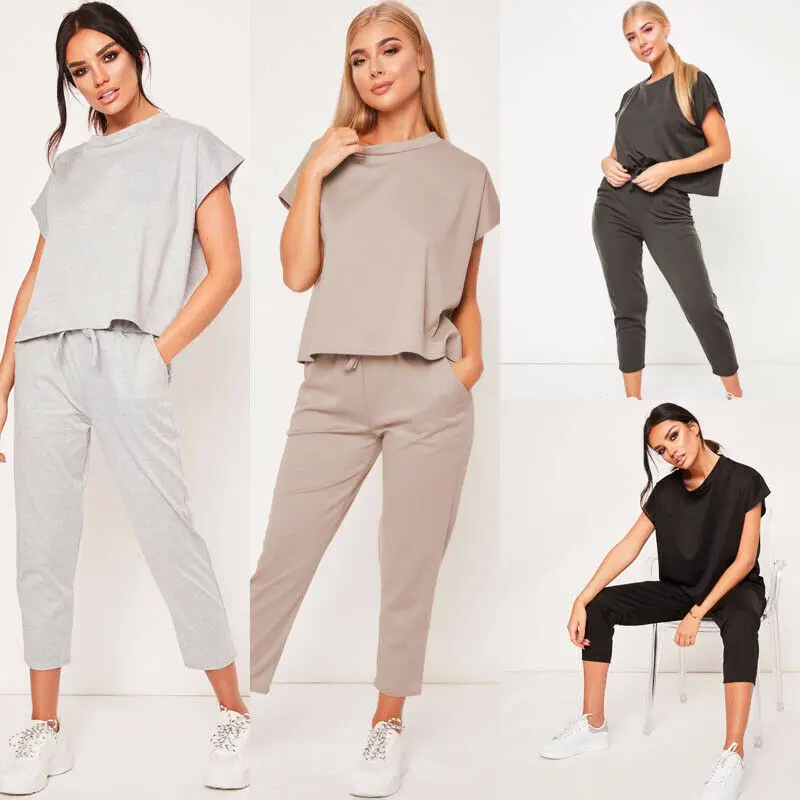 

2019 New Brand Women Tracksuit Summer Solid Casual T Shirt + Cropped Trousers Sets Pockets Sport Lounge Wear Casual Suit