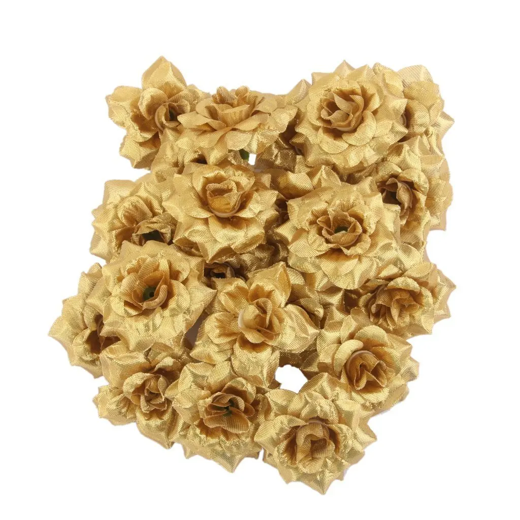 

New 50pcs artificial flower 4cm silk rose flower head wedding party home decoration DIY wreath scrapbook gift box craft (Golden)