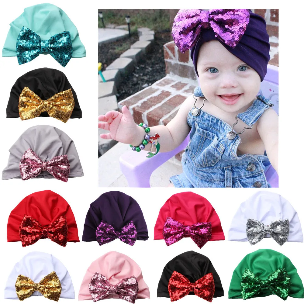 

2019 Newborn Baby Elastic Sequin Bow Hat Children Velvet Winter Hat Turban Cap Bohemia Style Head Wrap
