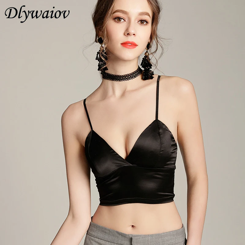 

Fashion Crop Top V Neck 2019 Summer Sexy FemaleTank Tops Silk Sleeveless Straps Vest Lady Camis Elastic Force Black White Women