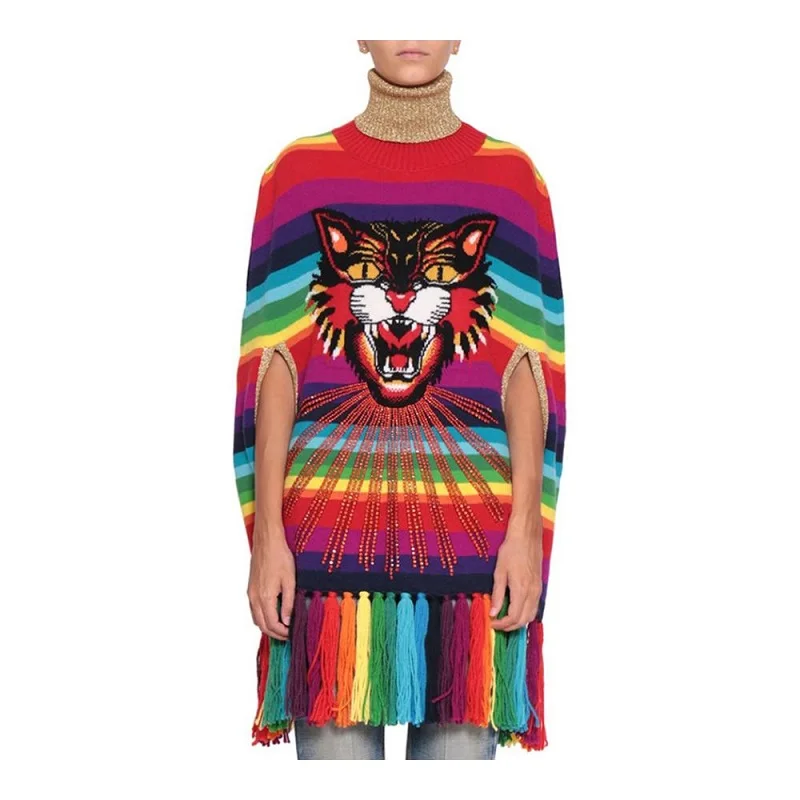

Designer Wool Pullover 2018 Winter Sweater Women Poncho Tiger Tassel Rainbow Stripe Knit Top Color Block Loose Cape Jumper