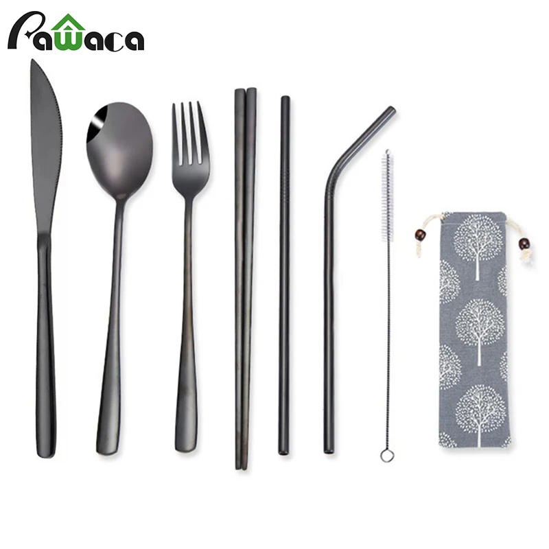 

7pcs Dinnerware Set Reusable Stainless Steel Fork Knife Spoon Chopsticks Straw With Cleaning Brush Cutlery Set For Travel Picnic