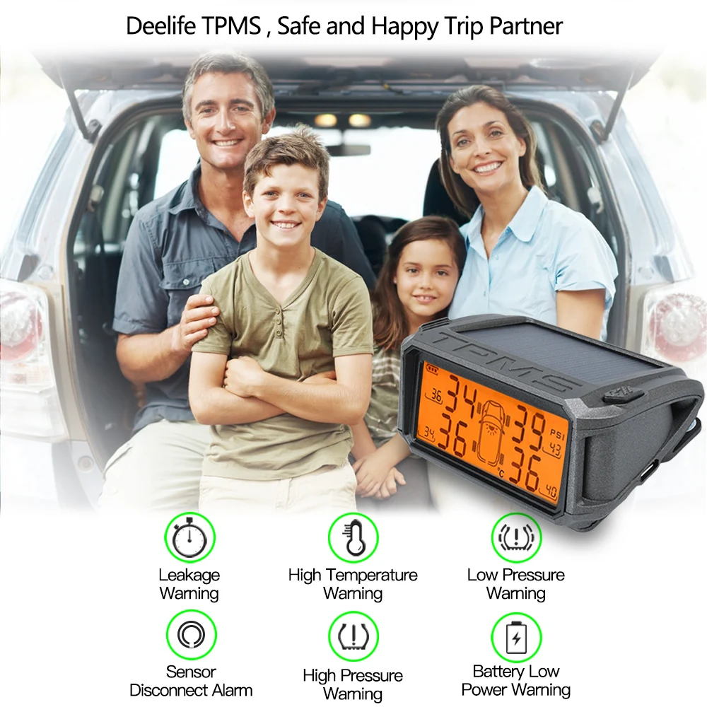 Deelife TPMS Tire Pressure Sensor Monitoring System Solar Car Monitor TMPS Control Systems Alarm Tyre Pressure Internal Sensors