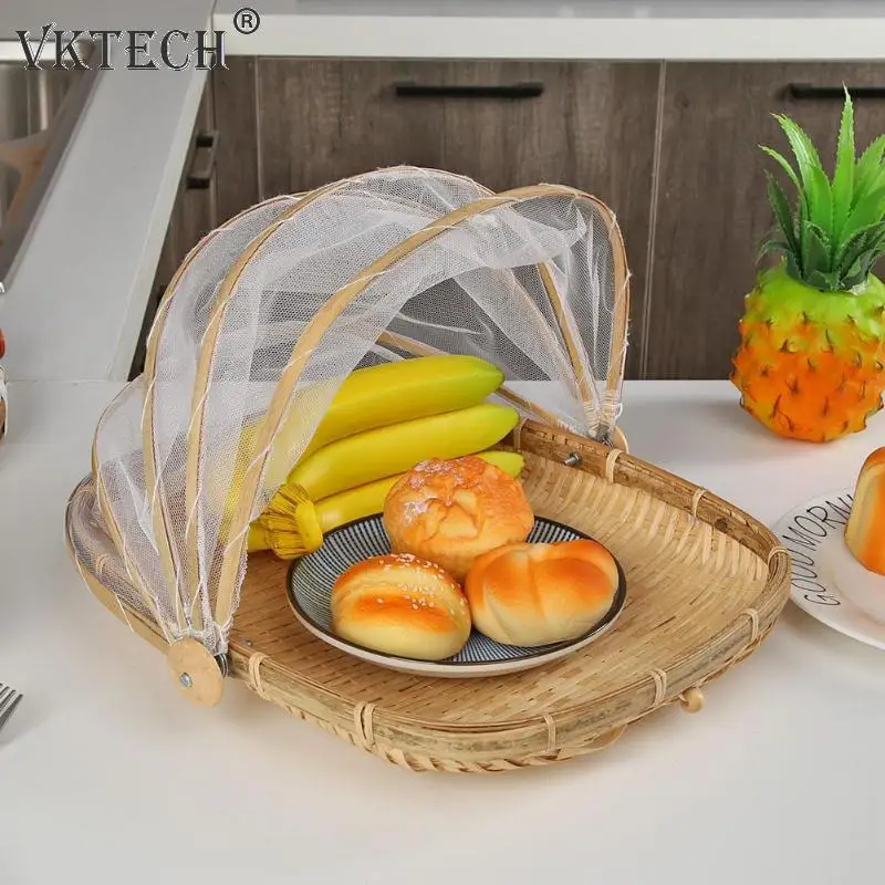 

Handmade Woven Bug Proof Basket Dustproof Picnic Basket Fruit Vegetable Bread Cover Wicker Basket with Gauze