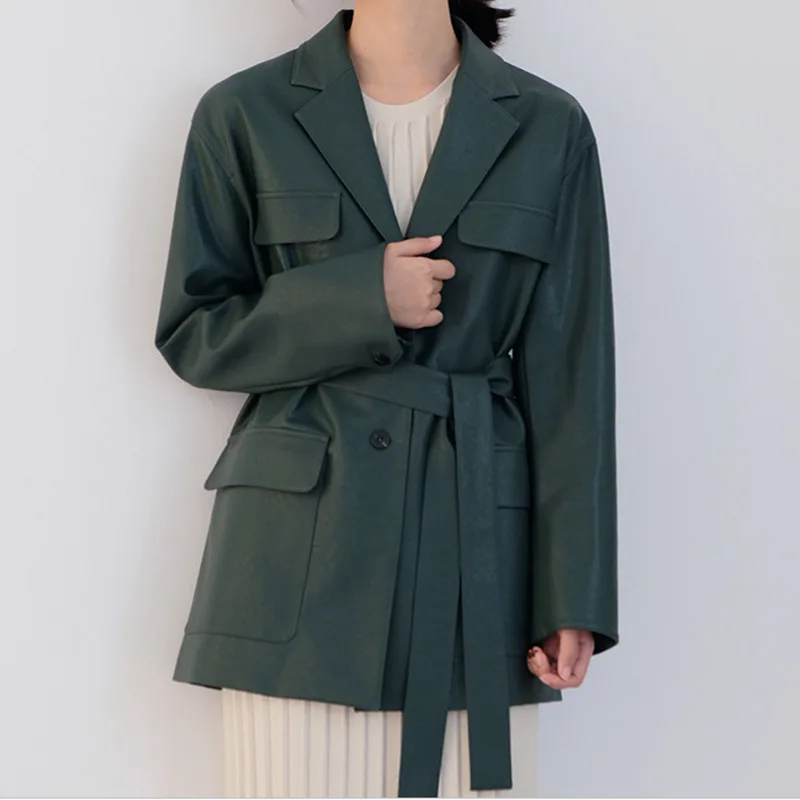 En Ligne Printemps nouveau cuir vêtements lâche manteau paresseux Style ceinture 2019 mode femmes en cuir manteau