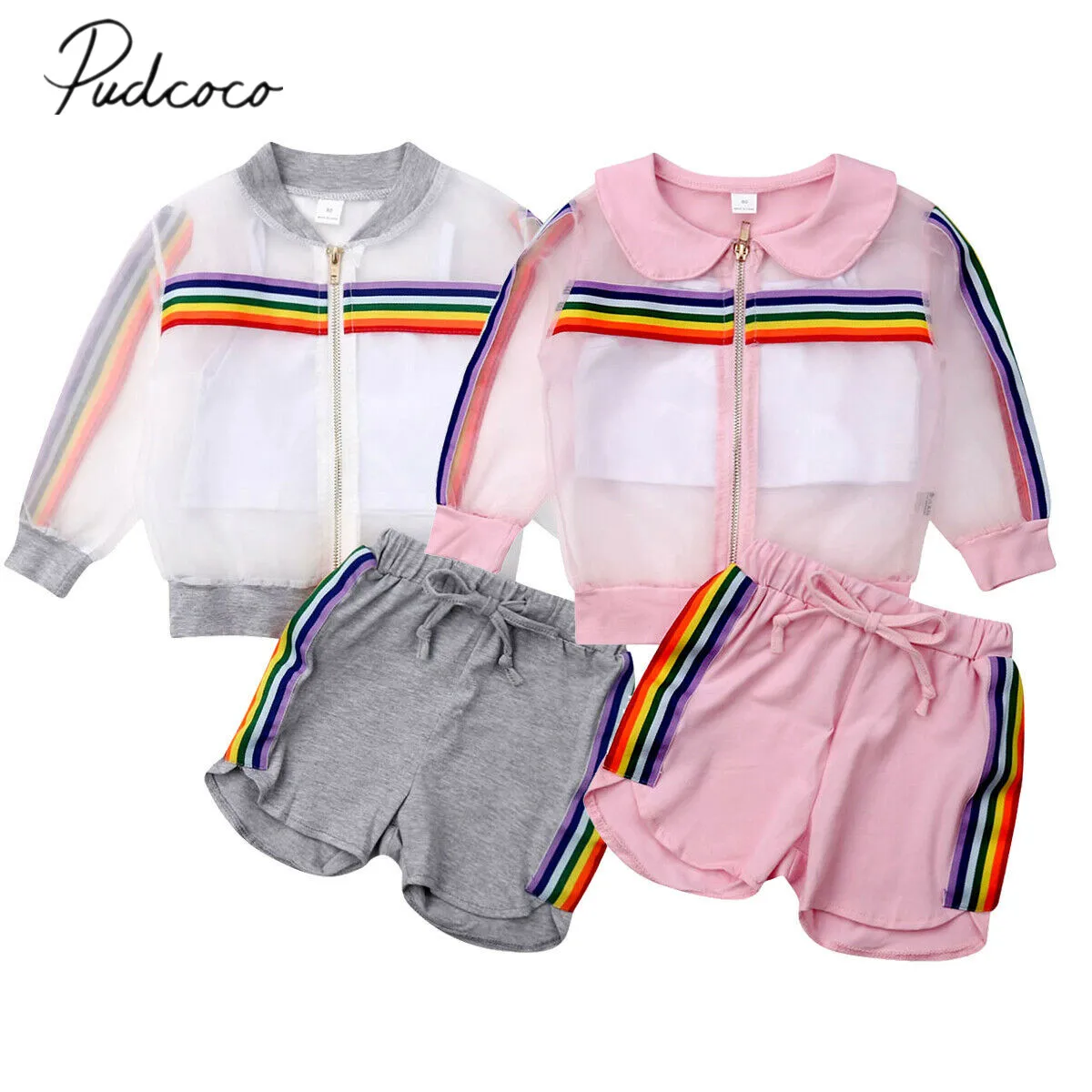 Коллекция года, Детская летняя одежда куртка с сеткой для маленьких девочек+ жилет+ штаны комплект из 3 предметов, УФ-костюм, цветной Радужный комплект в полоску
