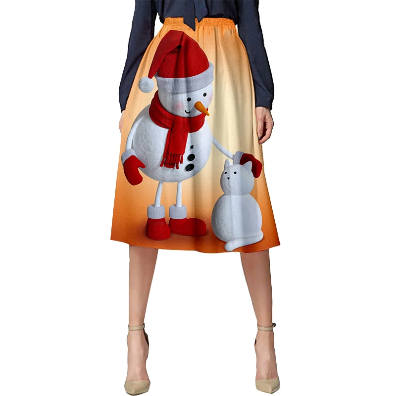 New Women Christmas Skirt Cartoon Snowman Print Funny A line High Waist