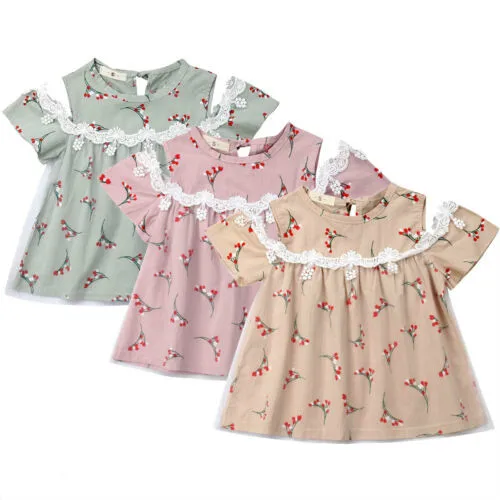 Toddler Kids Baby Girls Summer Off Shoulder Floral Princess Dress Cotton Dresses