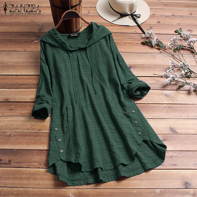  2019 Summer ZANZEA Women Plaid Tops Casual Long Sleeve Pockets Hooded Blouse Office Ladies Work Shi