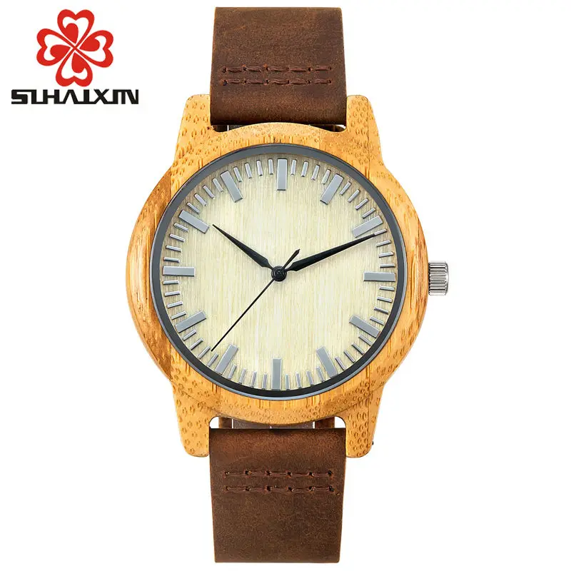 

SIHAIXIN Wood Leather Watch Men Woman Fashion Luxury Brown Wristwatch Bamboo Wooden Male Clock Quartz erkek kol saati For Unisex