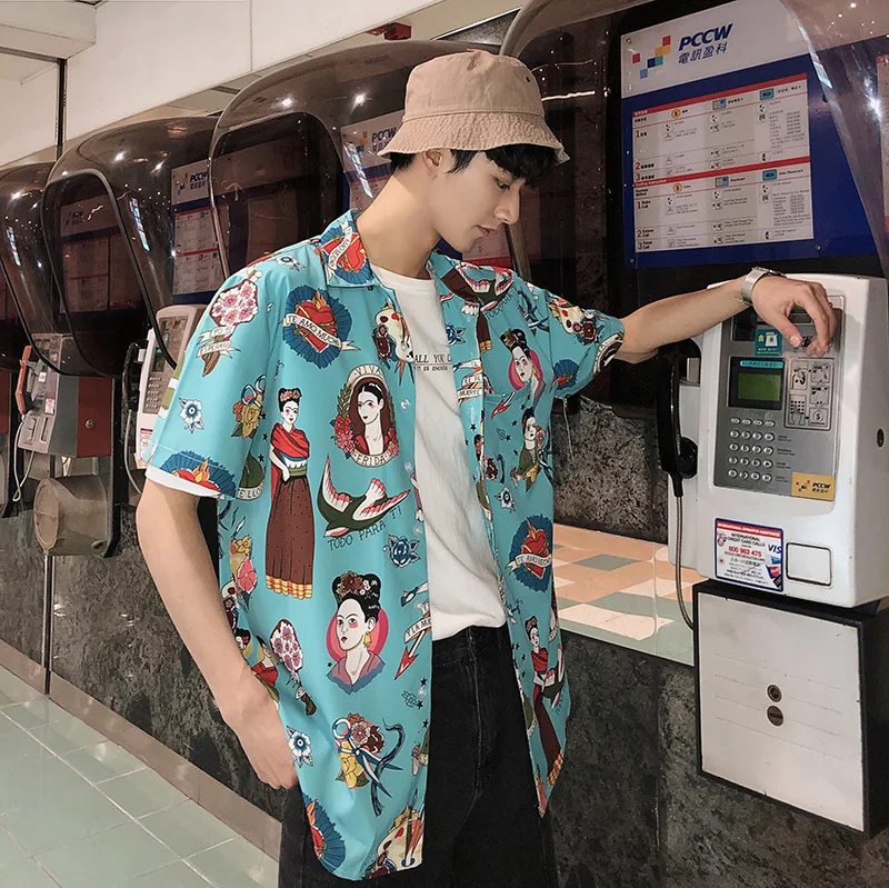 

Men's shirt 2019 spring new fashion men's short sleeve shirt cartoon printing loose casual personality youth men's wear