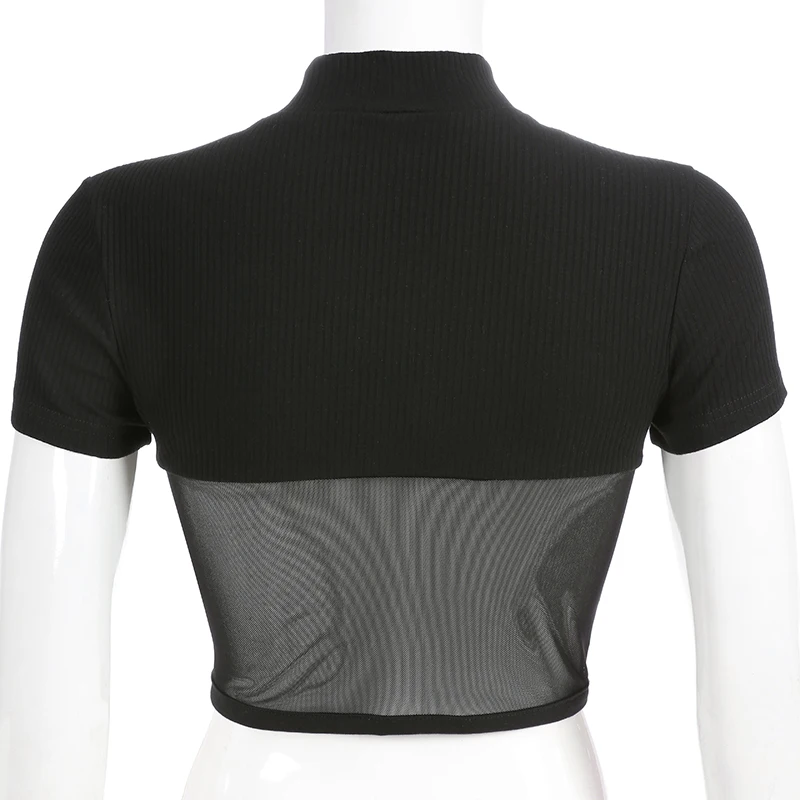 Уличная рубашка с коротким рукавом женская черная сетка патч-майки укороченный топ Женская Клубная одежда облегающий Топ
