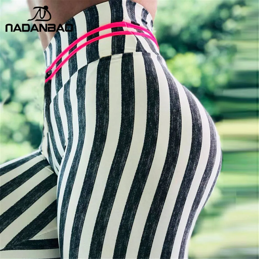 

NADANBAO New Stripe Leggings Women Fitness Workout Legging For Woman Sporting High Waist Elastic Workout Leggins Plus Size Pants