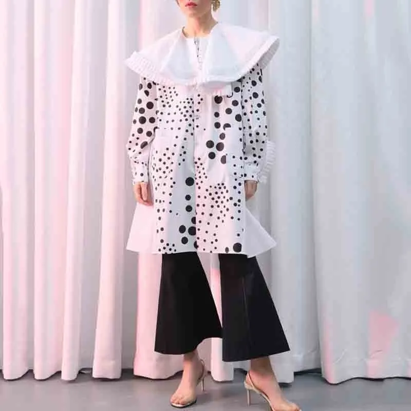 

[YaLee] New Fashion 2019 Spring Summer Shirt Type Long Sleeve Pocket Asymmetry Dot Point Irregular Large Size Dress Women Y786
