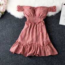 Летнее сексуальное платье в горошек с вырезом лодочкой, женское модное приталенное платье с оборками и высокой талией, элегантные стильные женские платья с коротким рукавом