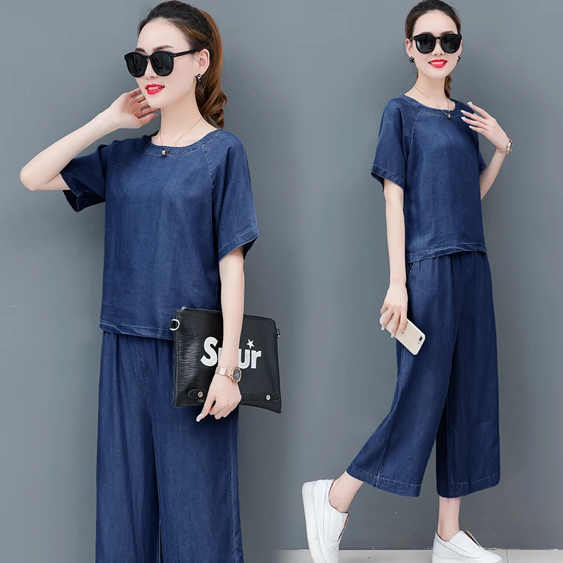 

Tracksuit For Women 2019 Summer New Loose Short Sleeve Crop Tops+Denim Wide Leg Pants Female Plus Size Fashion 2 Piece Sets 3XL
