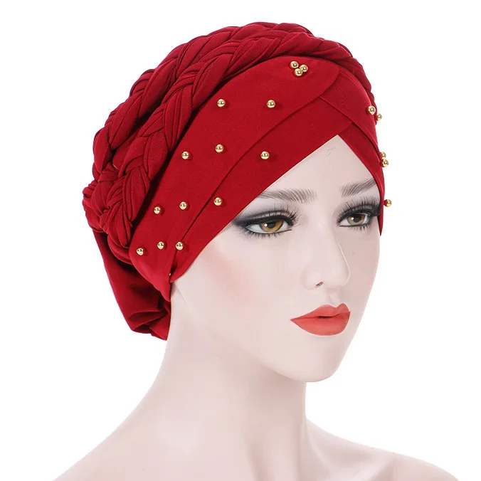 Luxury Beaded Braid Style Pearled Turban Long Head Scarf Headwrap Women Muslim Hijabs Bandanas Hair Accessories