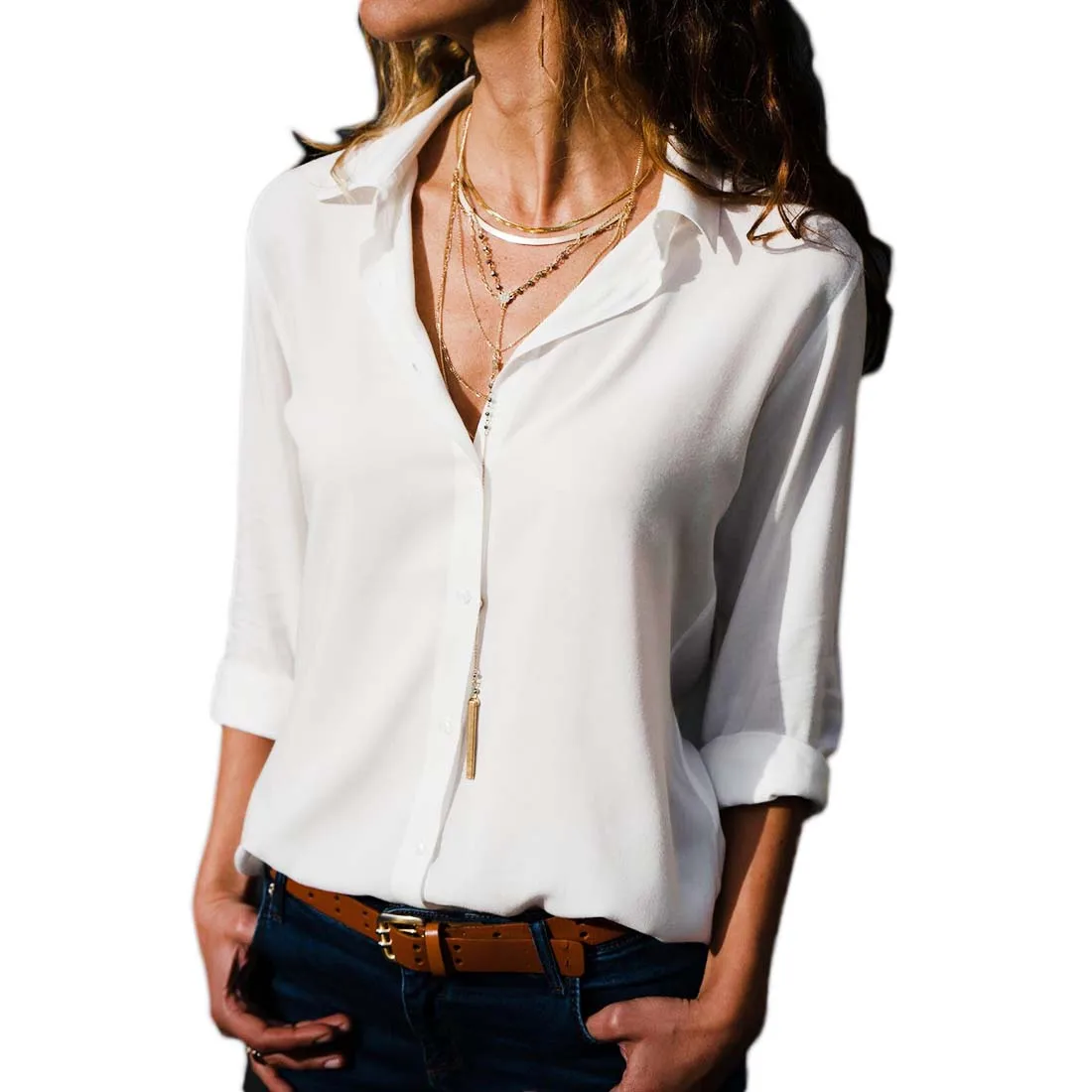 Women Autumn Fashion Lapel Buttons Long Sleeve Chiffon Shirt Blouse Ladies Casual Solid Color 