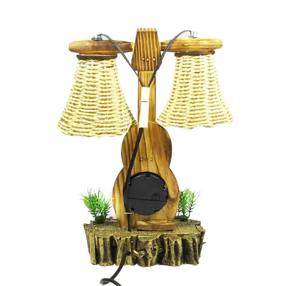 1pcs Dimmable Creative Retro Wooden Violin with Clock Desk Lamp Bedside Lamp for Reading Sleeping Bedroom Nights