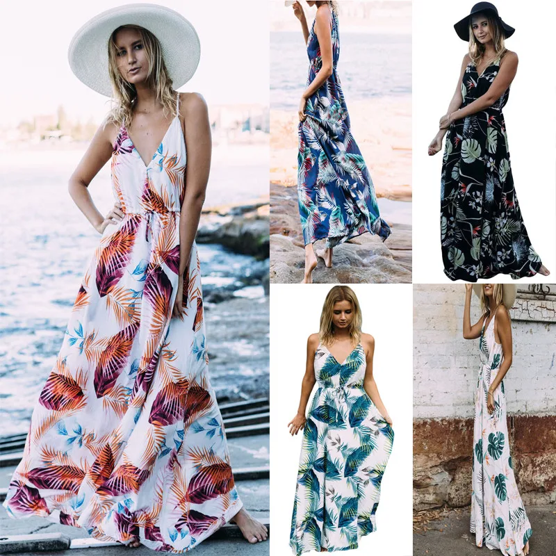 

Women Floral Boho Long Dress Ladies Summer Beach Clothing Sleeveless Strap V-Neck Chiffon Dress Printed Floor-Length Beach Dress