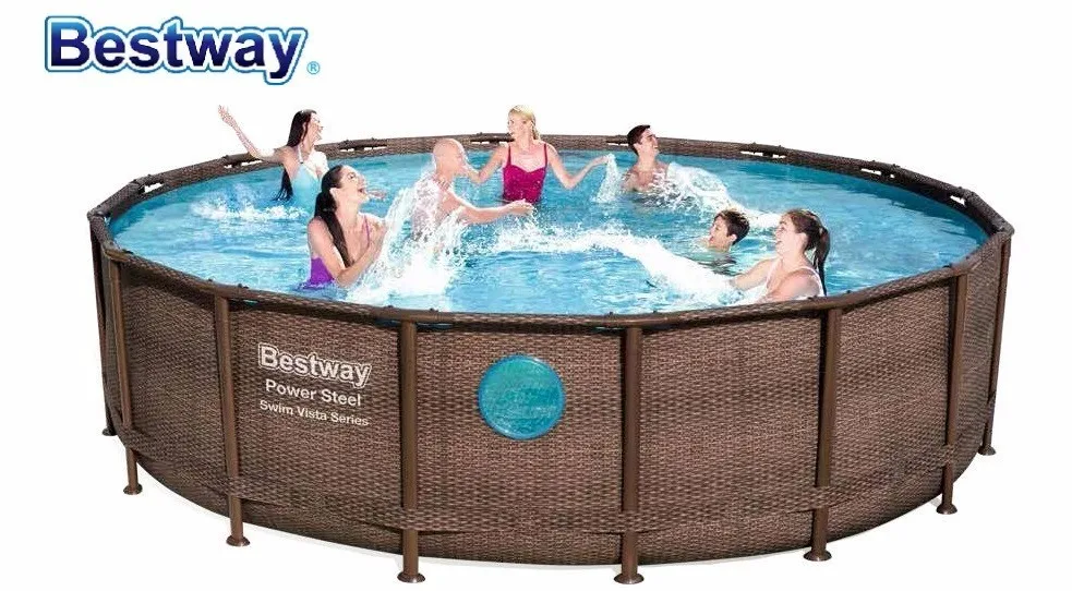 

56725 Bestway 4.88mx1.22m Power Steel Swim Vista Frame Pool Set 16'x48" Rattan Frame Pool with Sea-Through Water-Tight Windows