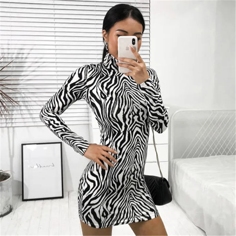 Women's Spring Half Turtleneck Long Sleeve High Waist Skinny Sexy Dress Bag Hip Zebra Stripe Print Short Street | Женская одежда