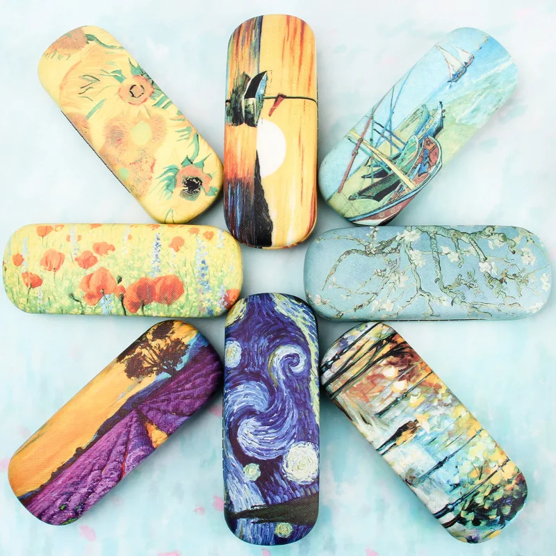 iboode Oil Painting Glasses Case Box Women Hard Leather Reading Glasses Case Men Retro Unisex Floral Print Eyewear Protector glasses case zipper eyewear box