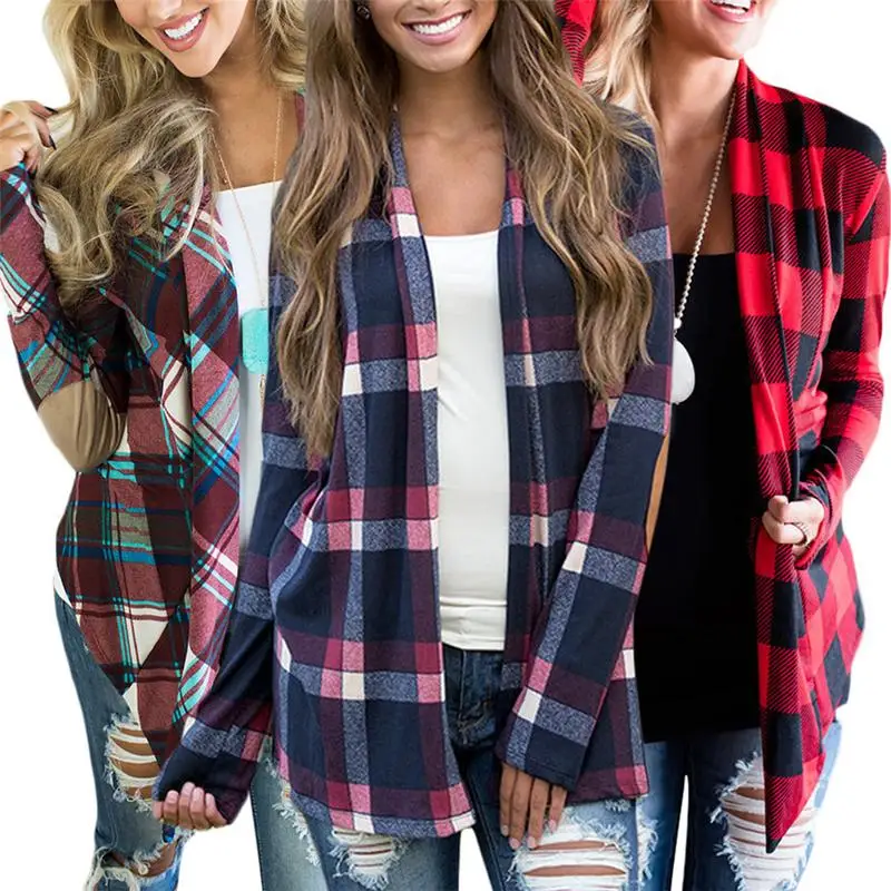 New Women's Fashion Casual Cardigan Shirt Classic Red Plaid Print