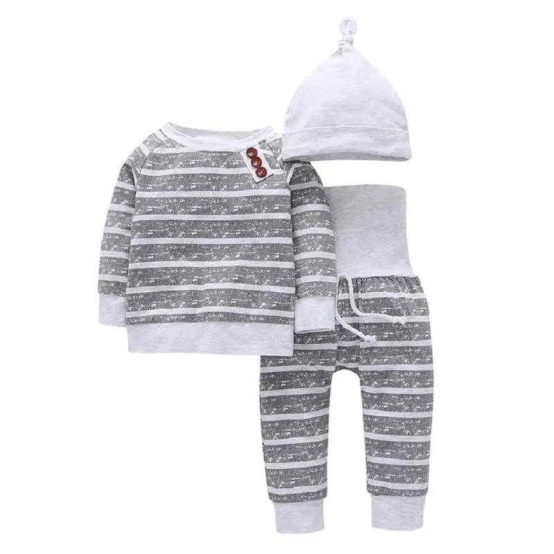 Warm Long Sleeve Baby Sleepwear Set 3pcs Cotton Stripe T-shirt Pants Hat Warm Baby Sleepwear Set Cotton Stripe Christmas Gifs