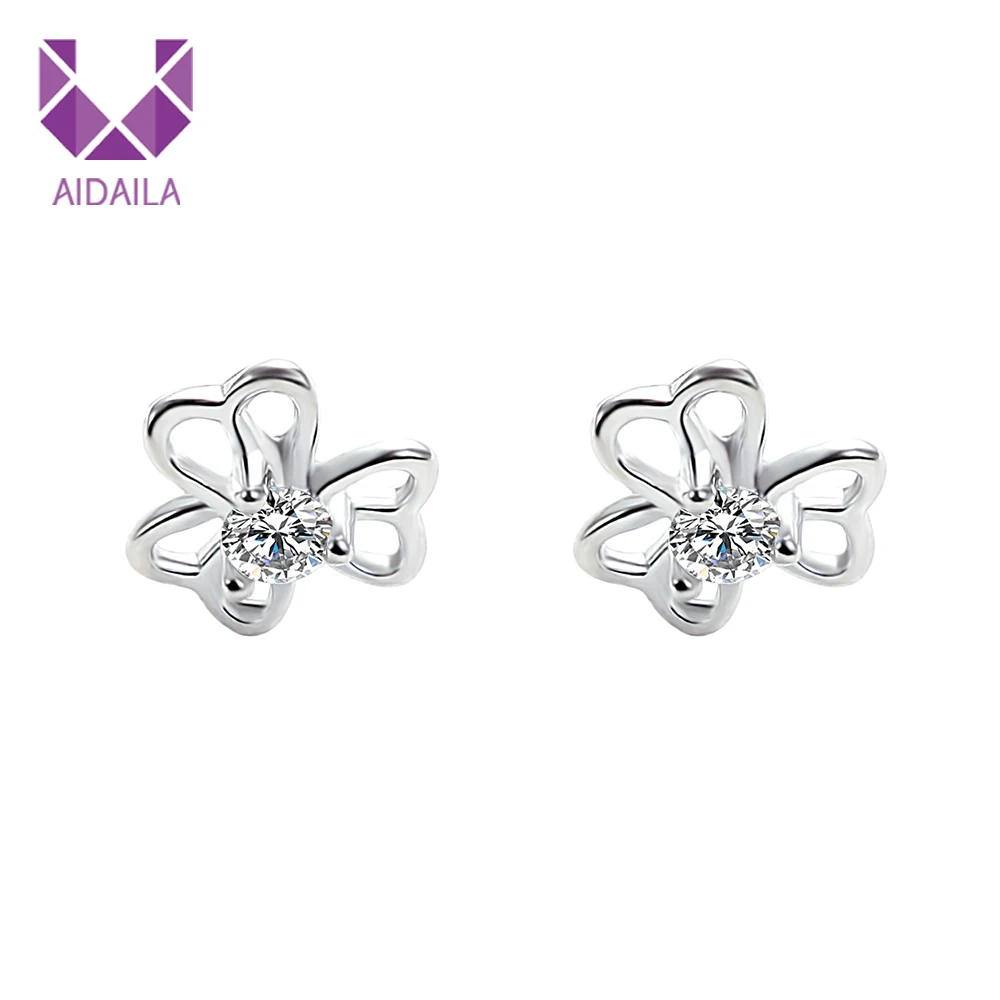 

Women Stud Earrings 100% 925 Sterling Silver Flower Shape Leaves Clear AAA Cubic Zircon Party Fine Jewelry Gift EY00178