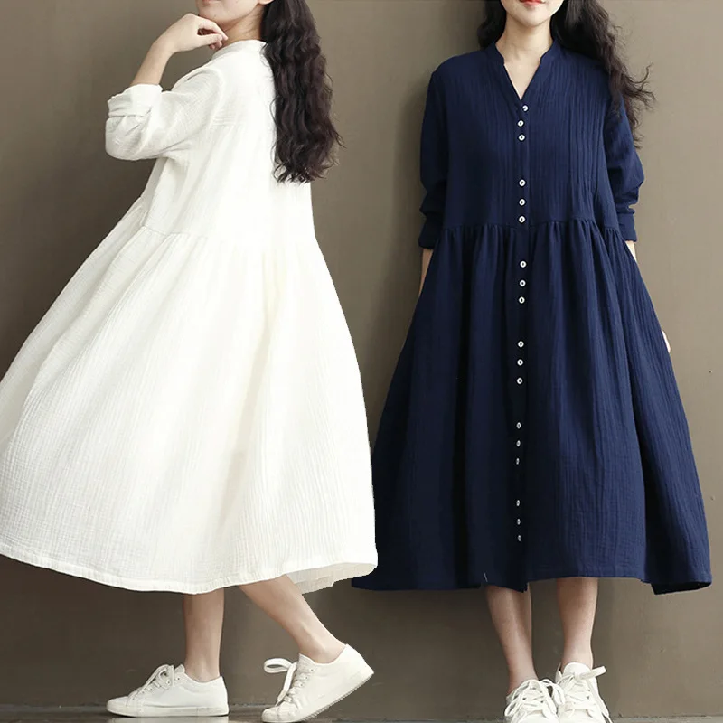Женское свободное платье из хлопка и льна в Корейском стиле с длинными рукавами